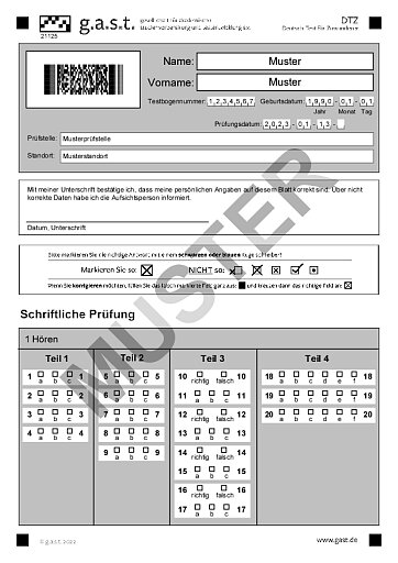 Muster-Antwortbogen DTZ von g.a.s.t: H&ouml;ren und Lesen