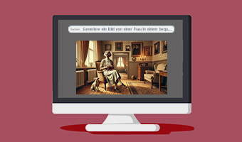 Illustration eines Monitors mit einem KI-generierten Bild: 
In einem altmodischen Zimmer sitzt eine Frau mit Hund und strickt.