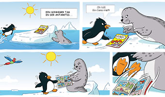 Comic mit einem Pinguin und einem Seel&ouml;wen, die um ein Comic-Heft streiten.