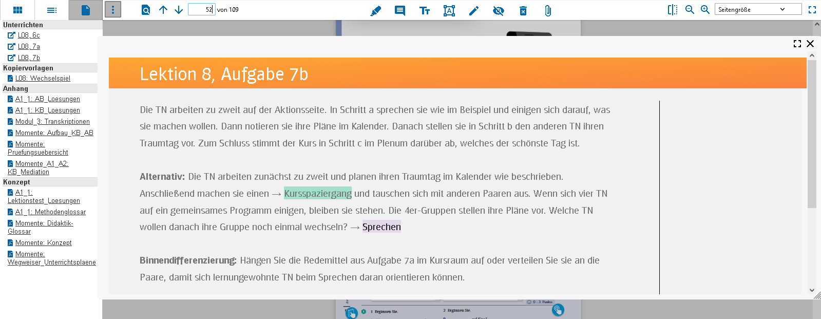 Screenshot einer &Uuml;bung im Digitalen Unterrichtsplaner