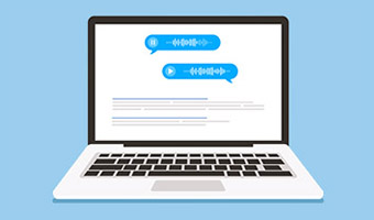 Illustration eines Laptops mit Sprachaufnahmen und Text auf dem Monitor