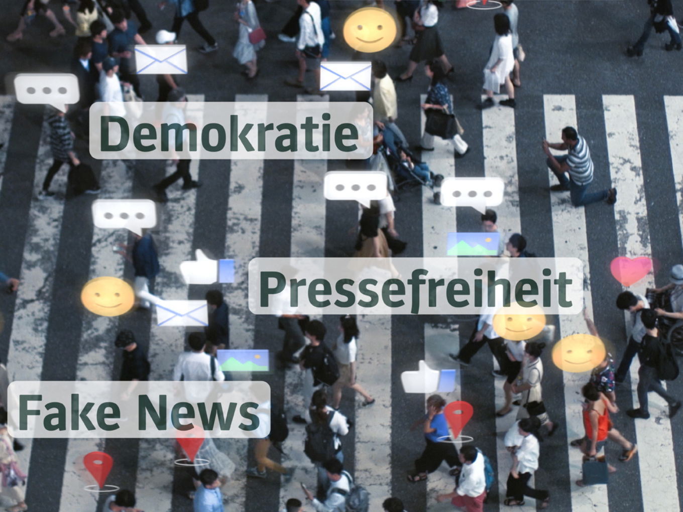Menschen mit Handy in der Hand laufen &uuml;ber einen Zebrastreifen. Man sieht Sprechblasen mit den W&ouml;rterm: Fake News, Demokratie und Pressefreiheit.