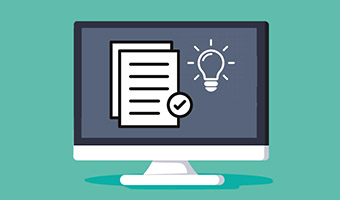 Illustration eines Monitors mit einem abgehakten Text und einer leuchtenden Gl&uuml;hbirne